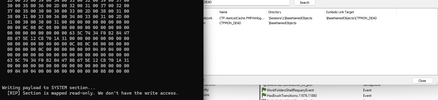 Console: 0xC0000022 on FILE_MAP_WRITE, read-only fallback succeeds, hex dump of section content
